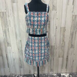 Main Strip Skirt Suit Womens Size L Blue Plaid Cropped Top & Mini Skirt